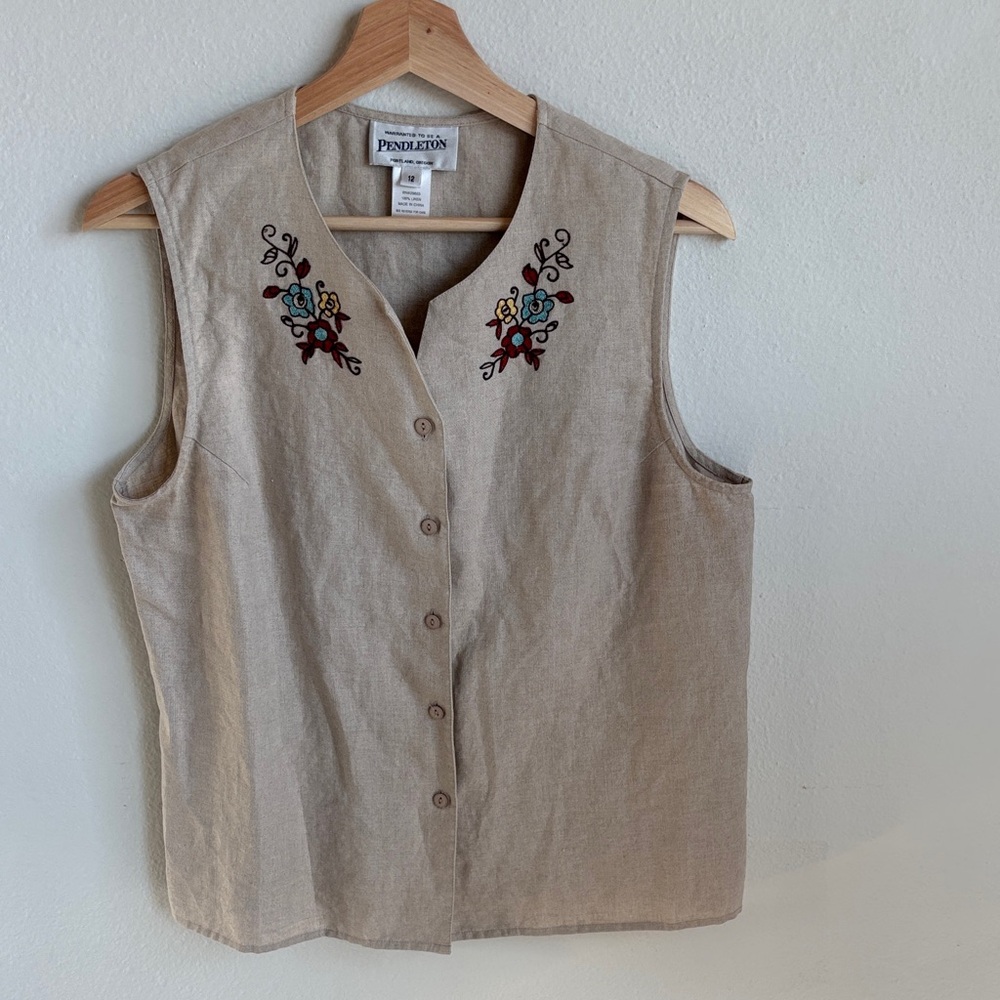 PENDLETON 12 Linen Embroidered Floral Bohemian Sleeveless Top Vest
